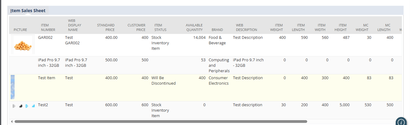 Item Sales Sheet