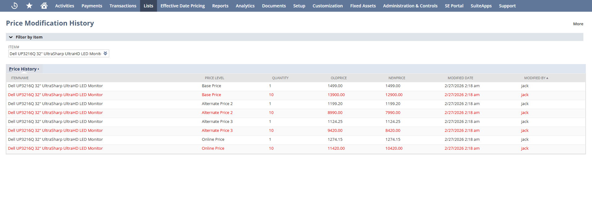 Item Price Change History