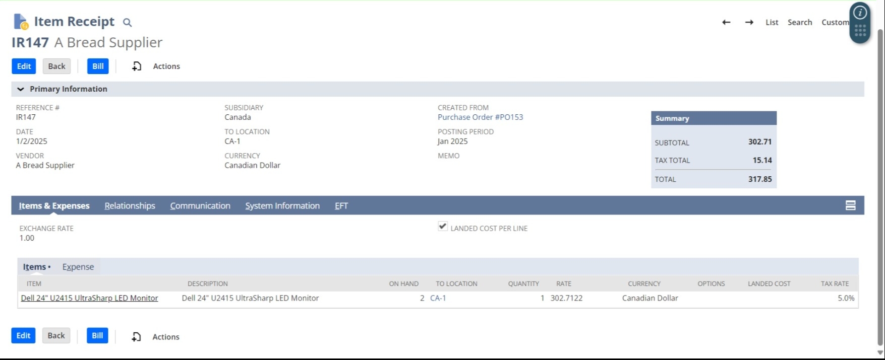 Item Receipt (GRN) Summary Box